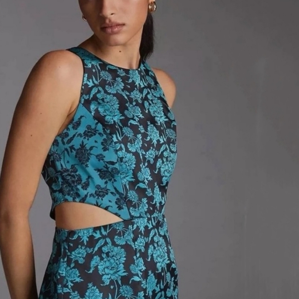 Hutch Floral Jacquard Cut-Out Teal Green Mini Dress